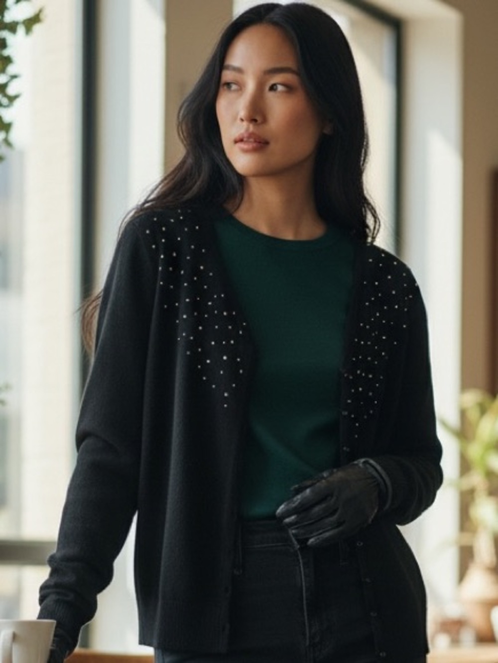 Debbie Morgan Black Embellished Button-Front Cardigan
